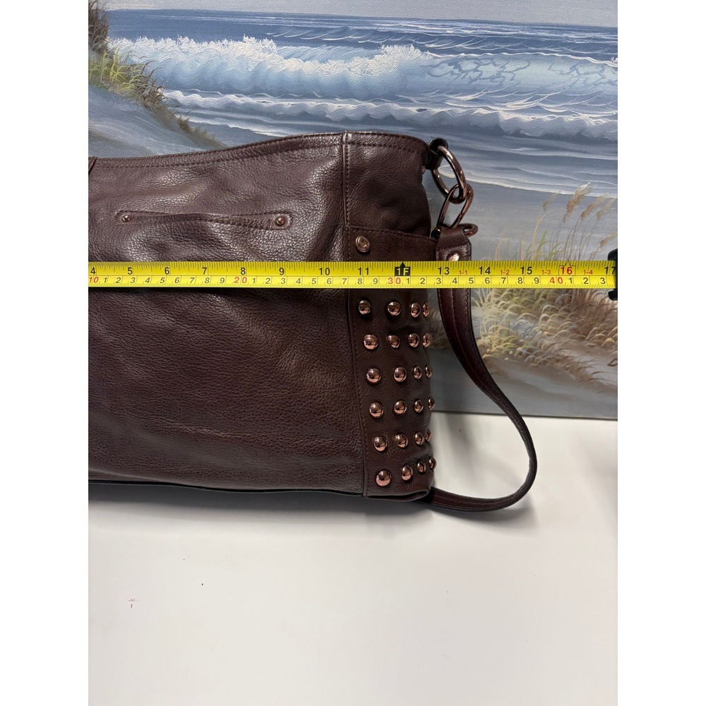 B. Makowsky Brown Leather Studded Crossbody Bag Rose Gold Hardware Pocket - Picture 6 of 12